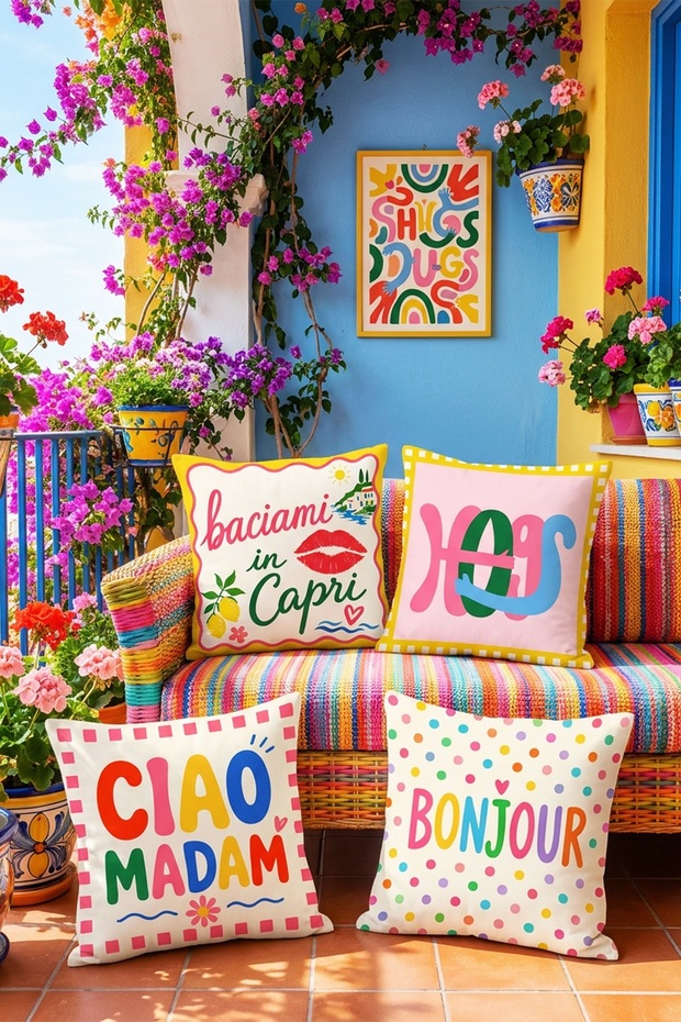 Colorful Madam Themed Patterned 4-Piece Throw Pillow Cover Set