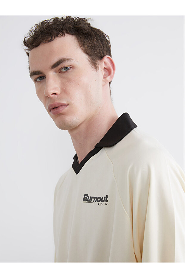 Ecru Oversize Printed Men's Polo Neck T-Shirt