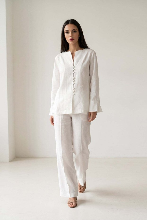 Ecru 100% linen collarless long sleeve jacket with relaxed fit trousers set