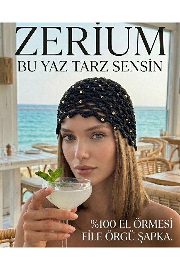 Handmade Women's Knitted Bohemian Mesh Summer Beanie Hat with Sequins Black