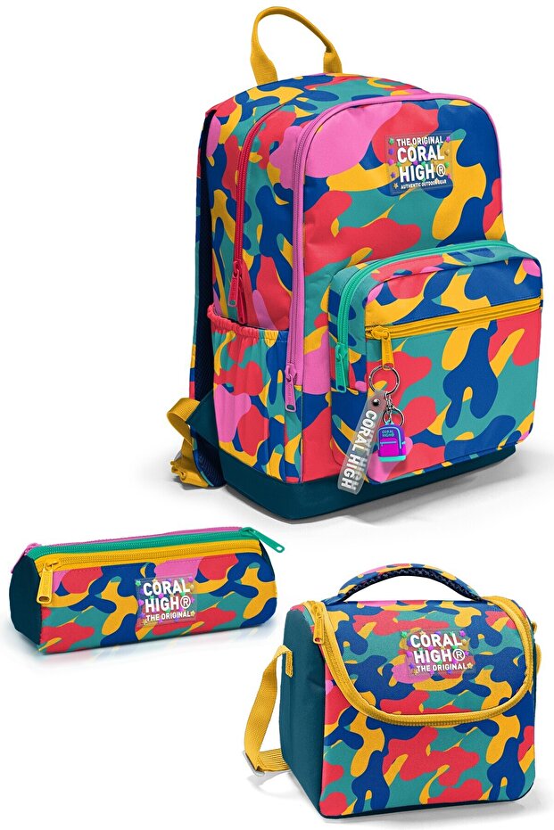 3-piece school bag set: 4-compartment school bag + insulated lunch bag + 3-compartment pencil case