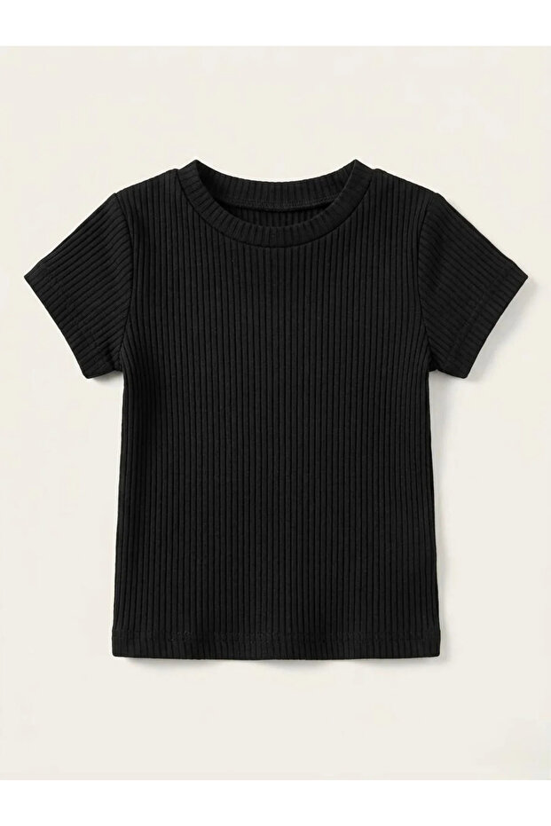 Girl's Short Sleeve Ribbed Bodysuit - Black (Ages 6-14)