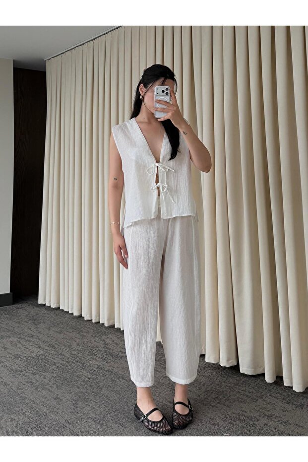 White Tie-Up Vest and Trousers Set - Y2511550