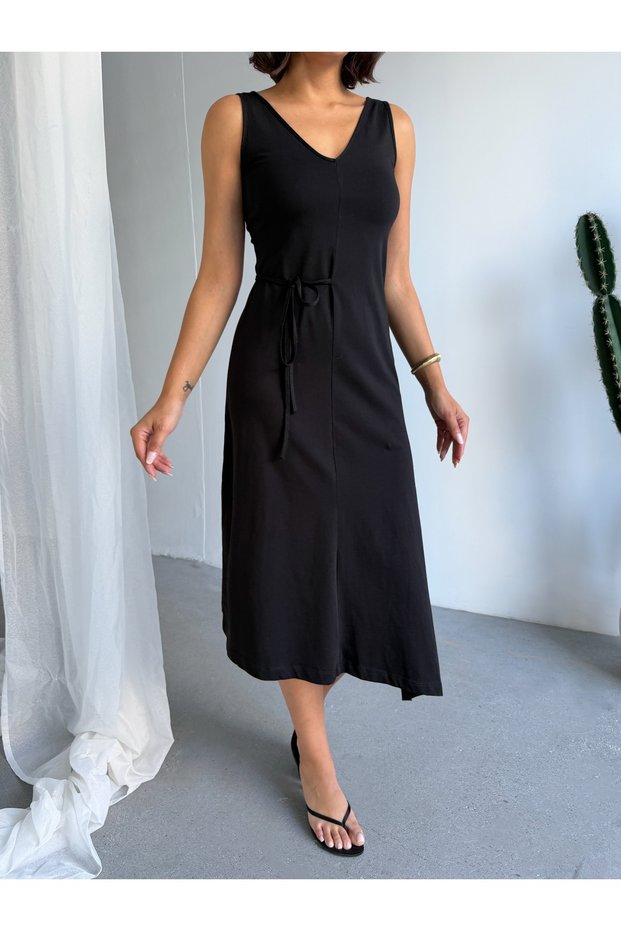 Crep Women's Asymmetrical Midi Dress – Waist Detailed V-Neck 100% Cotton Summer Dress Black