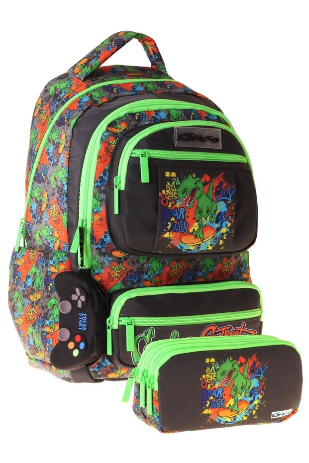 Kids Street Black - Green Boys' Primary School Backpack and Pencil Case Set - Setkk-L5414C