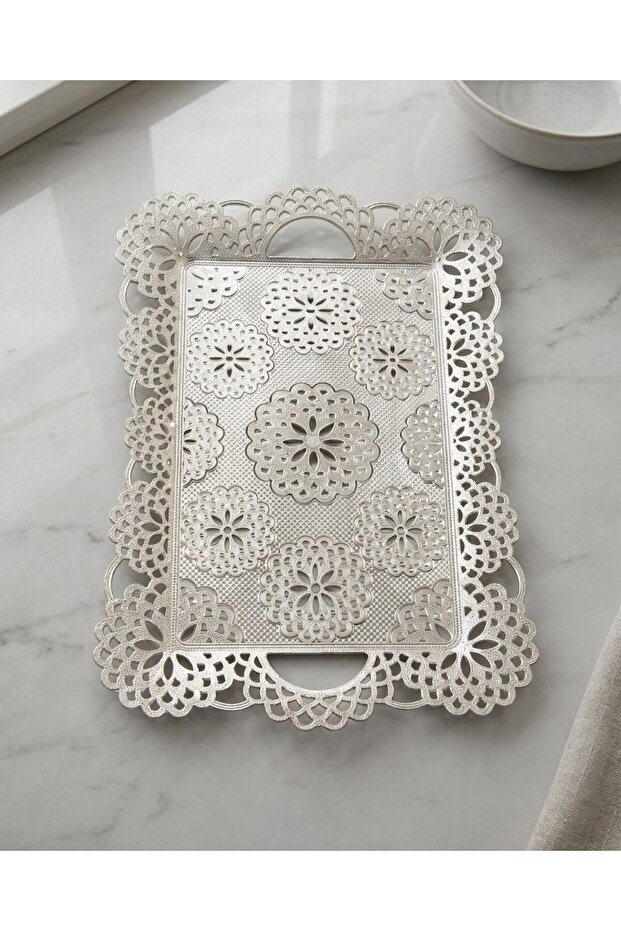 Lace Medium Size Silver Color Metal Rectangular Tray