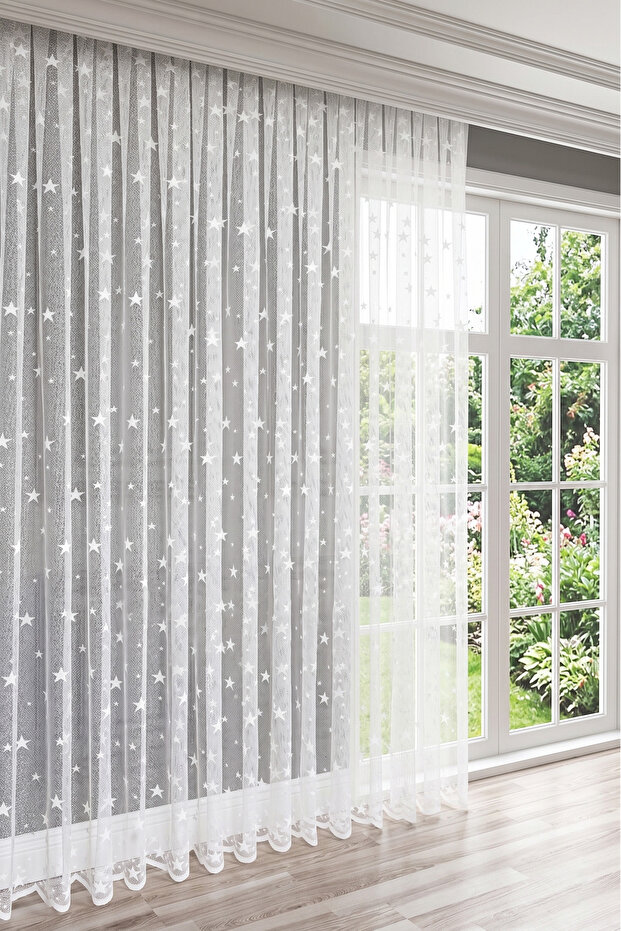 Ecru, Star Patterned, 1 to 2 Sparse Pleats, Children's and Baby's Room, Knitted Tulle Curtain