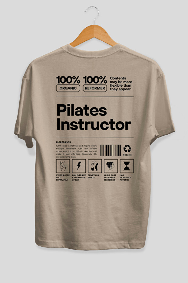 Pilates Instructor Oversize Back Printed Beige T-Shirt 100% Cotton Streetwear Premium Comfortable Fit