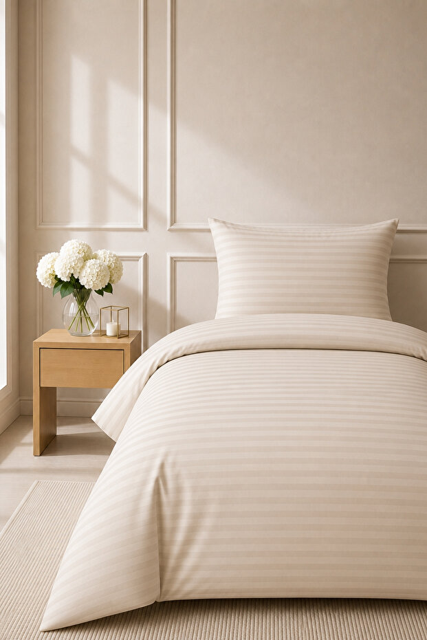 Elif Satin Striped Single Buttoned Duvet Cover Set, Quilt Cover, 100% Cotton, 83Tel
