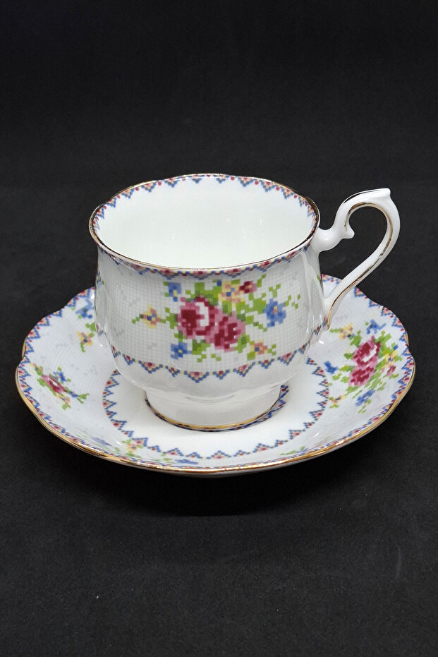 Petit Point Bone China English Porcelain Cup and Saucer