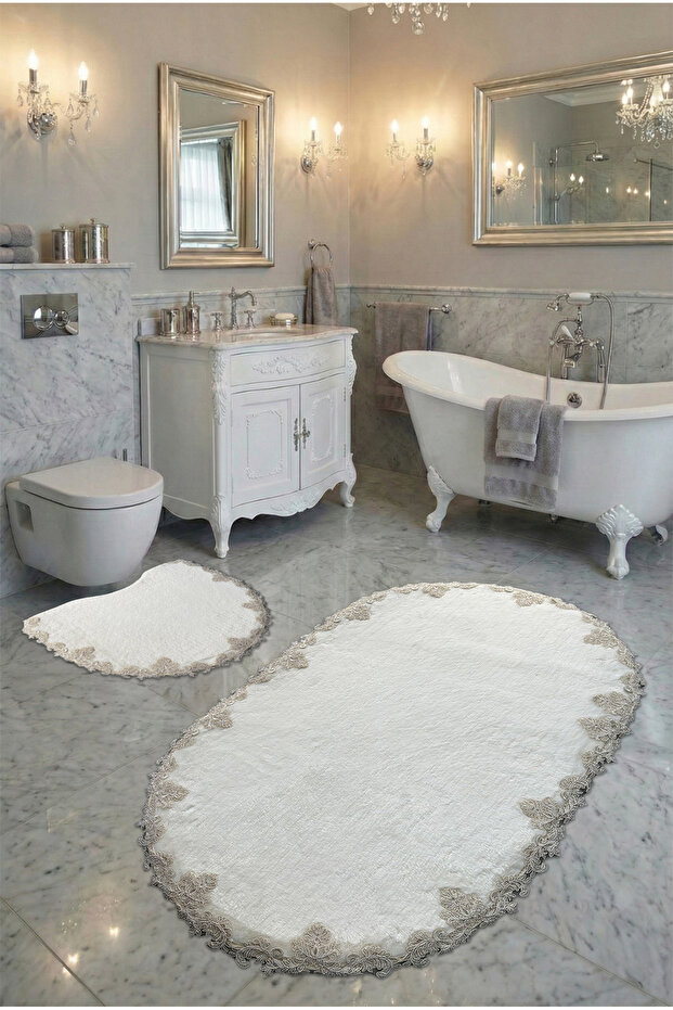 Kozan Non-Slip Base, Dowry Box, Soft Lace Detailed 2-Piece Super Luxury Oval Bath Mat Set