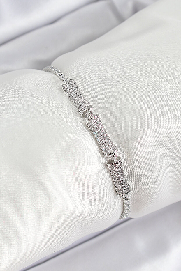 Brass Silver Color Zircon Stone Bone Model Women's Bracelet