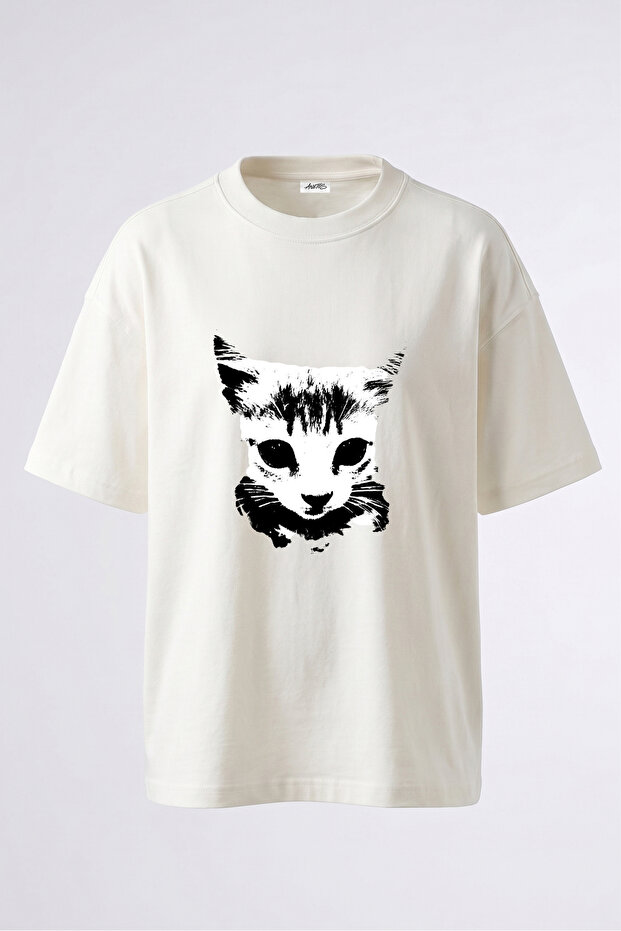 Black and White Cat Design Back Printed Cotton White Oversize T-Shirt