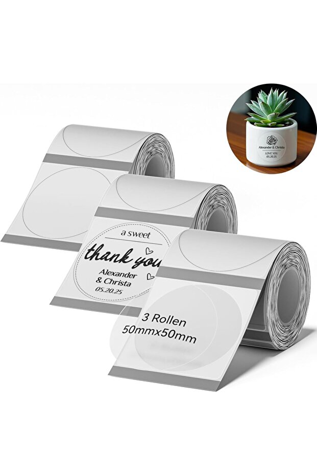 Round Labels Compatible with B1 / B21 / B3S Label Printer, 3 Rolls 50 x 50 mm Thermal Label Tape for Supermarkets Retail Office, 150 Labels/Roll, Transparent
