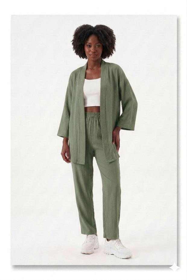 Premium Wrinkled Fabric Casual Cut Kimono Jacket Double Set