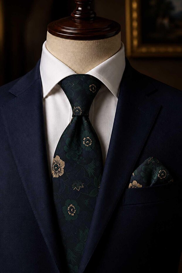 Green Beige Floral Pattern Classic Tie with Handkerchief Kk13712