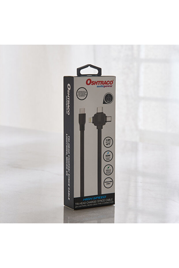 Type C Tri-head Charge/Sync Cable (Lightning, Micro USB and Type C)