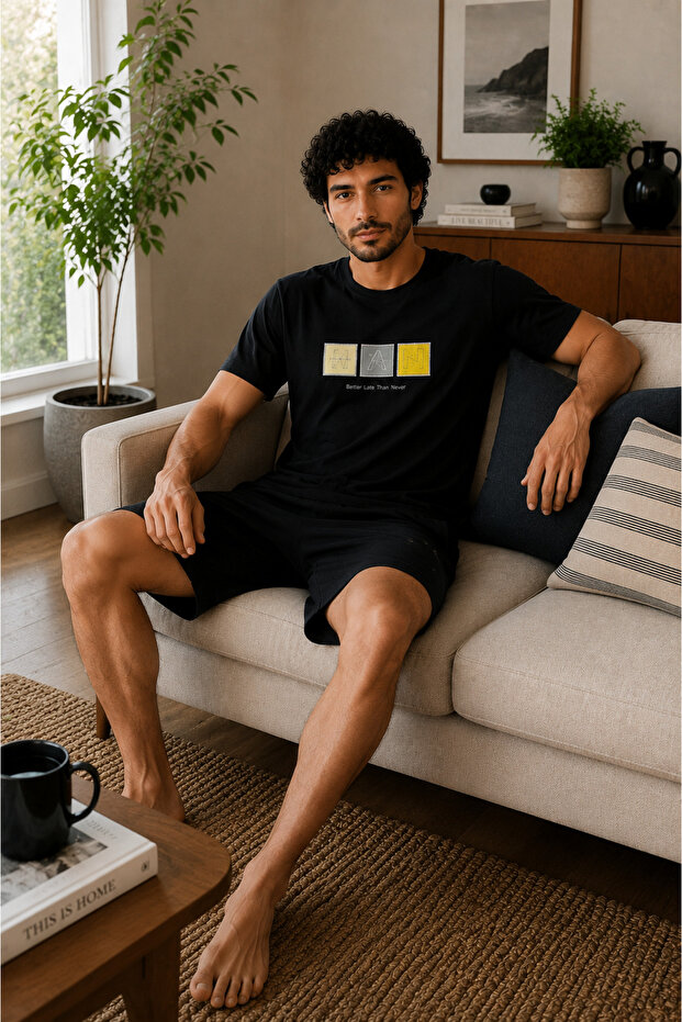 Men's Black 100% Cotton Black Shorts Pajama Set