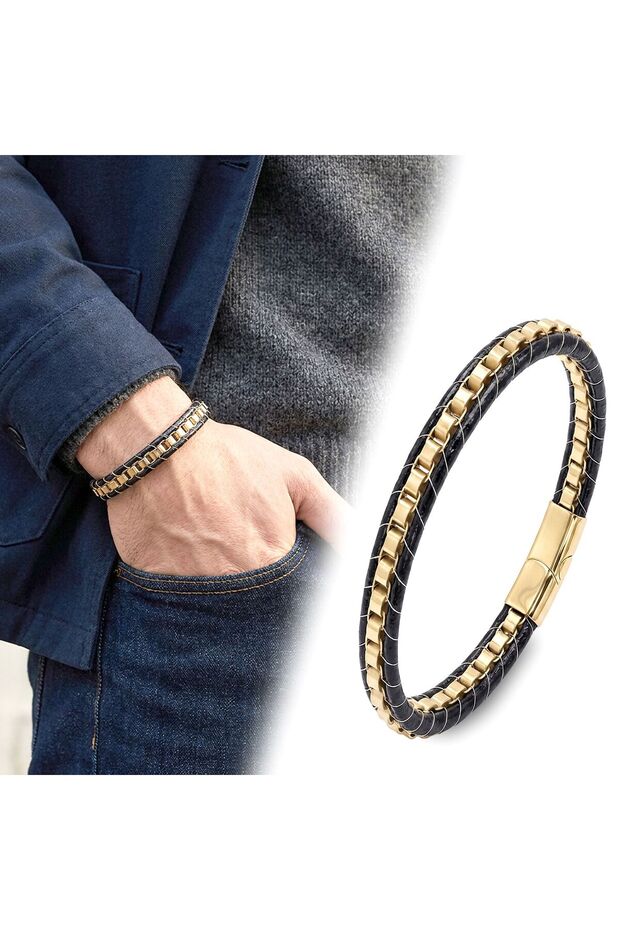 Yellow Steel Chain Braided and Leather Men's Bracelet 31684B24D4
