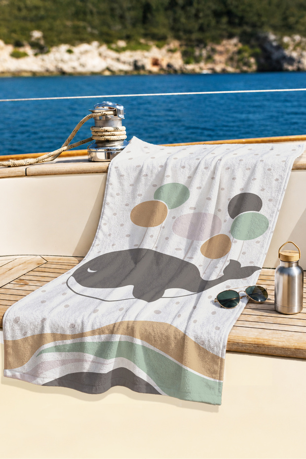 Children's Beach Towel with Whale Figure - Pastel Minimalist Unisex Quick-Drying Microfiber Towel
