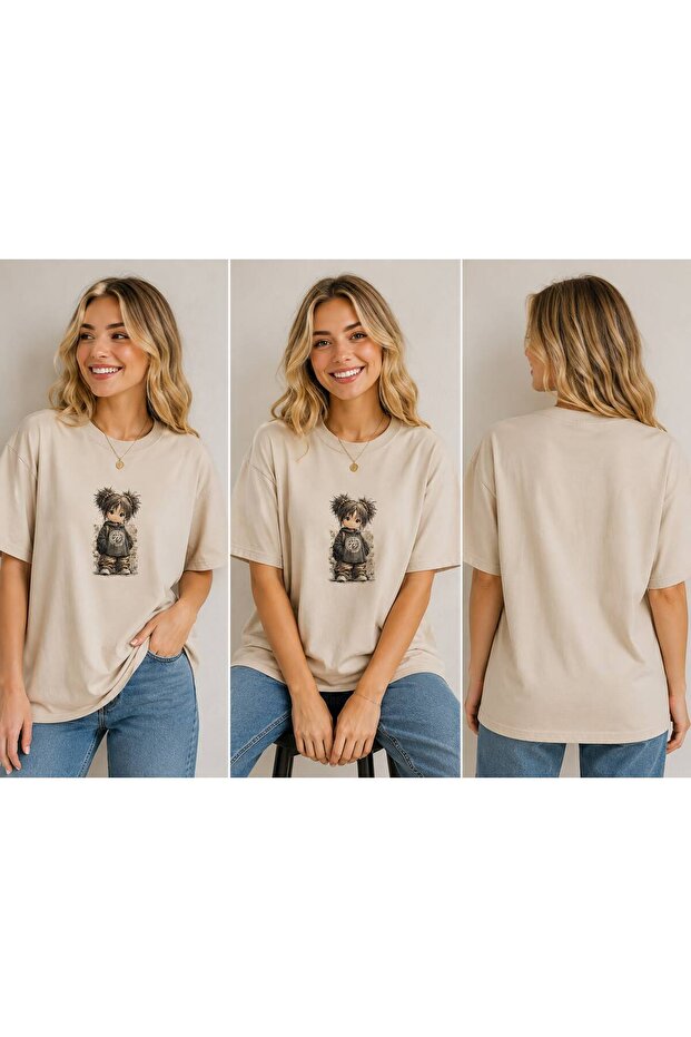 Vintage Japanese Anime Style Character Printed Unisex Beige Premium Basic T-Shirt