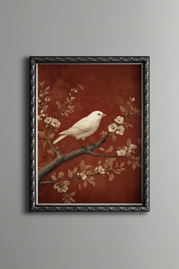 White Bird and Floral Branch Painting - Vintage Patterned Frame - Slim Model