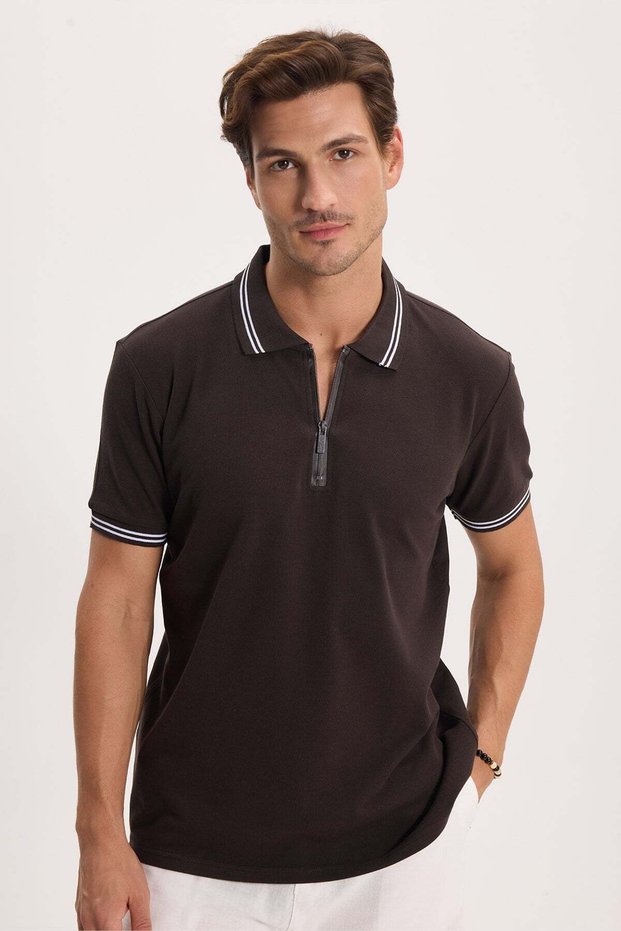Men's Slim Fit 100% Cotton Short Sleeve Zippered Brown Polo Collar T-Shirt