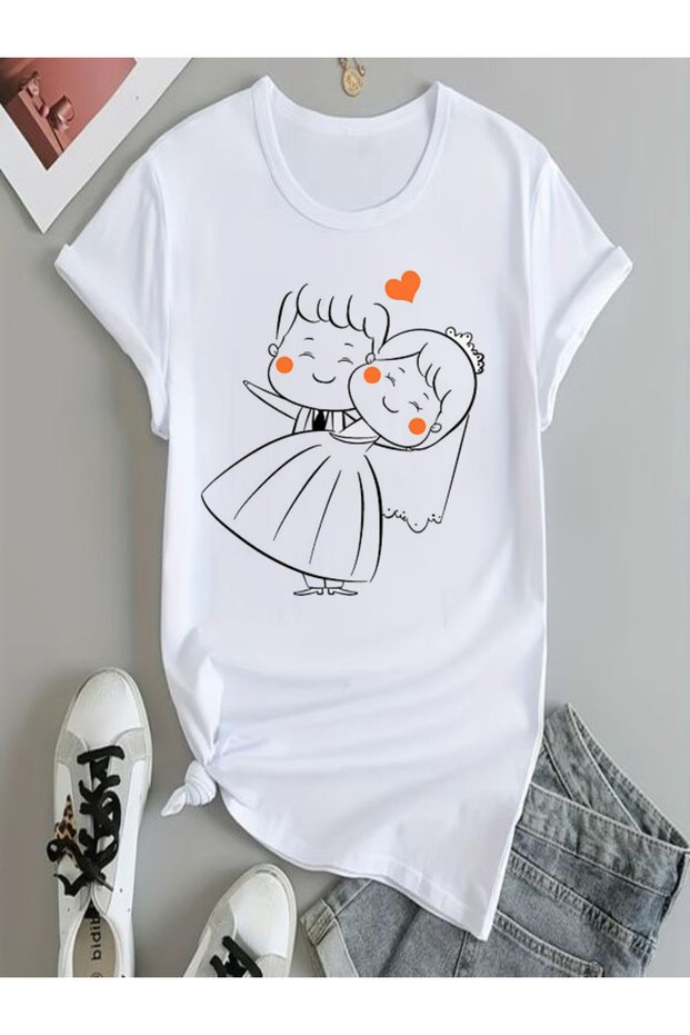 Cute Couple Printed White T-Shirt