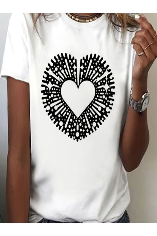 Heart Pattern Printed White T-Shirt