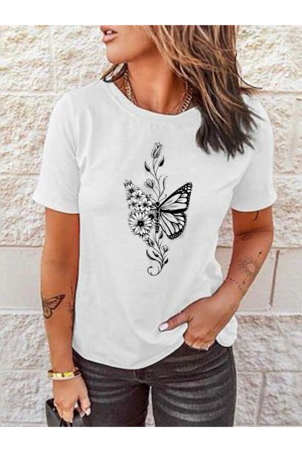 Flower and Butterfly Printed White T-Shirt