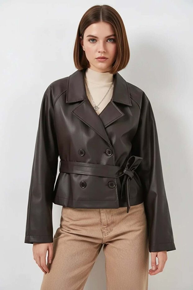 Women's Classic Collar Belted Double Button Brown Jacket