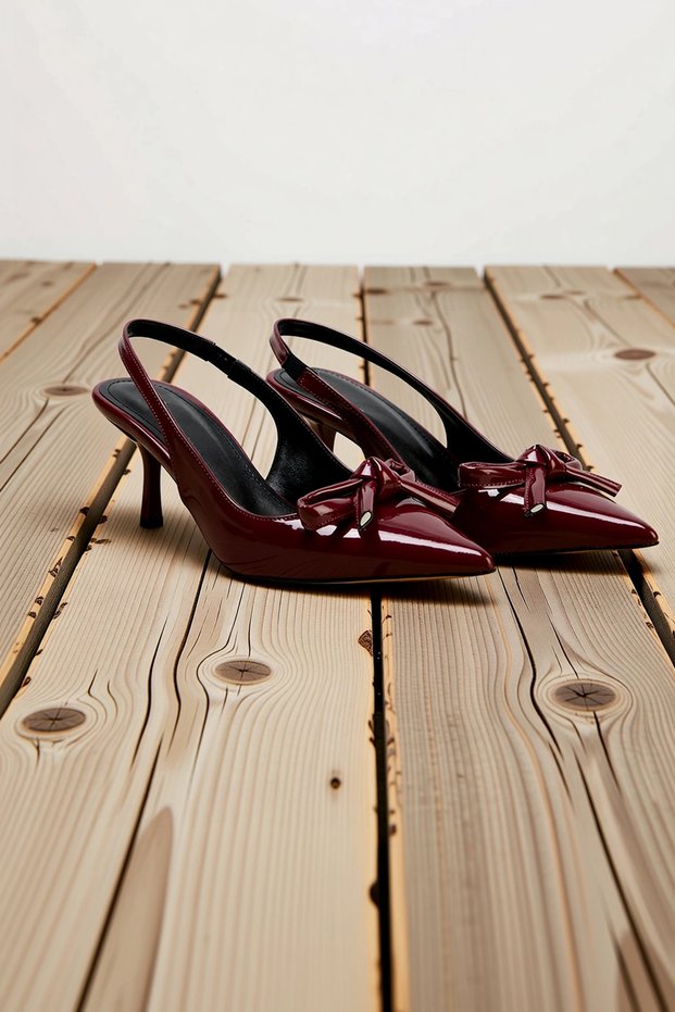 Women's Pointed Toe Bow Detailed Thin Heeled Sling Back Patent Leather Shoes Daily Comfortable Modern Stylish