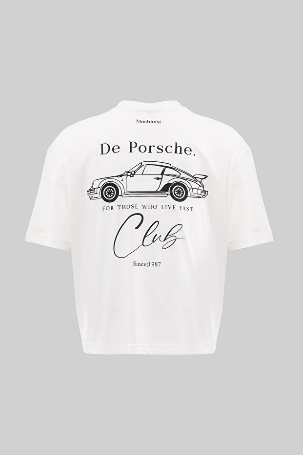 Men's De Porsche Printed Crop Oversize T-Shirt Ecru