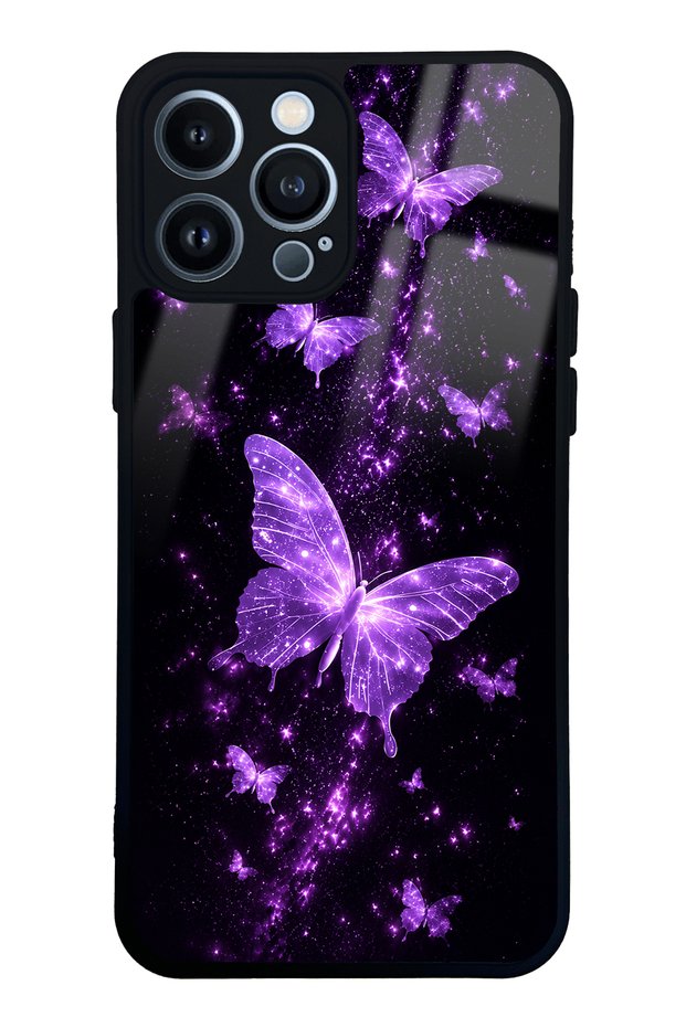 iPhone 13 Pro Max Purple Galaxy Butterfly Design Glossy Phone Case