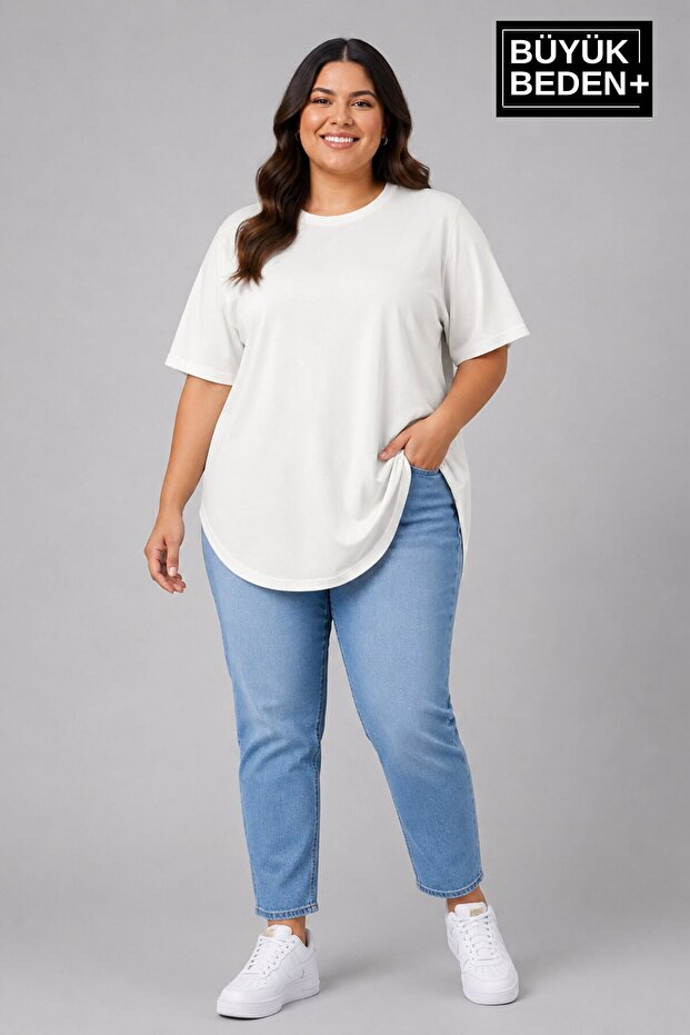 تنورة بيضاوية أساسية بياقة دائرية للنساء مقاس كبير مع تفاصيل 3xl-6xl تونيك طويل SPR26BTSK502