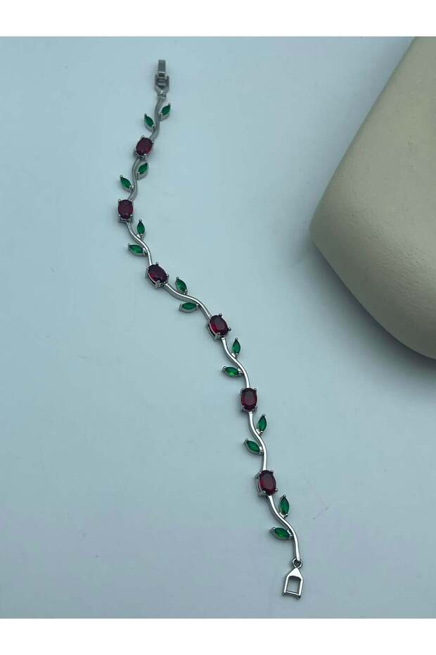 Silver Color Red Floral Ivy Bracelet - 26Blks04