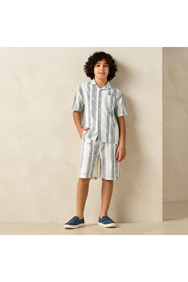 Camp Collar Short Sleeves Shirt and Shorts Set with Stripes