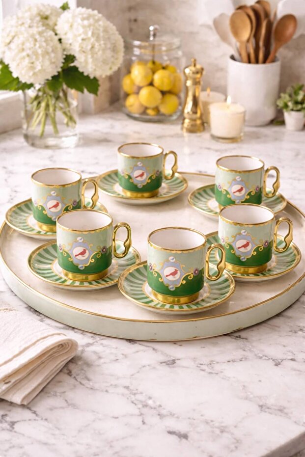 Porcelain Bird Gilded Cup Set 6 Pieces 90 Cc
