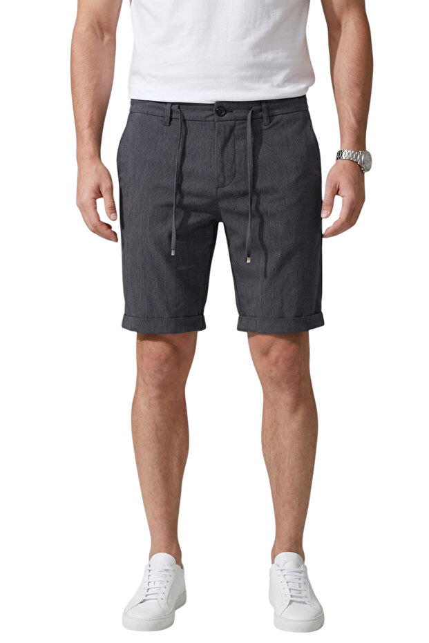 Navy Blue Slim Fit Lycra Striped Textured Elastic Waist Drawstring Men's Shorts Capri 2601743