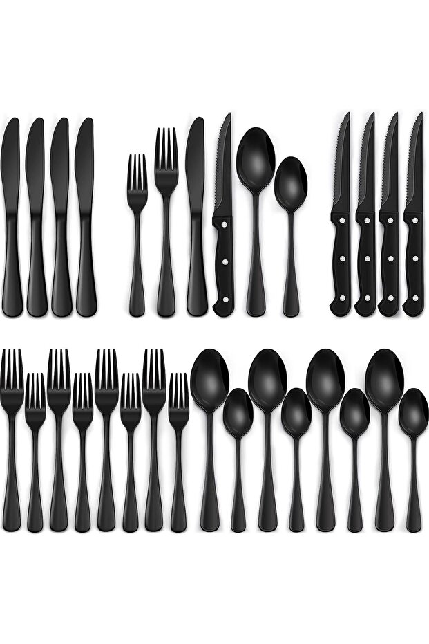 24-Piece Black Silverware Set with Steak Knives, Black Flatware Set for 4, Food-Grade Stainless Steel Tableware Cutlery Set, Mirror Finished Utensil Sets for Home Restaurant