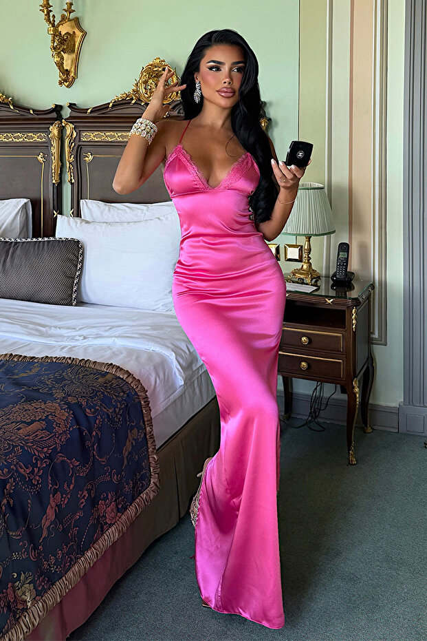 Fuchsia Finue Thin Straps Lace Detailed Satin Look Long Dress Ate-5775