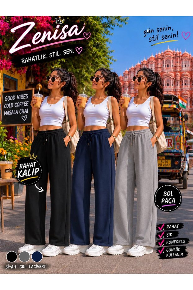 3-Piece Wide-Leg Comfortable Fit Daily Wear Black+Gray+Navy Blue Color
