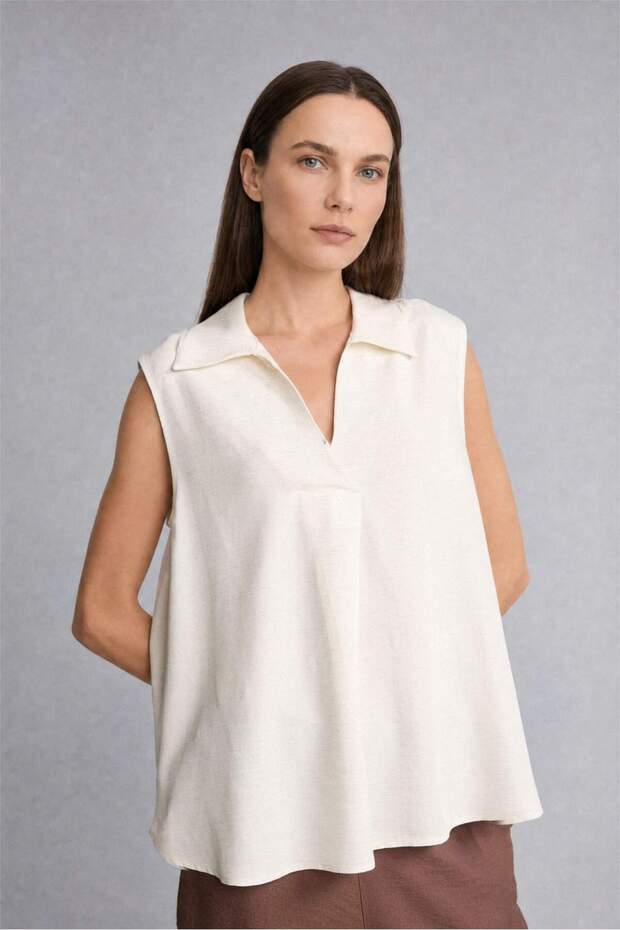 Regular Fit V-Neck Linen Blend Sleeveless Ecru Blouse F0982Ax26Sm