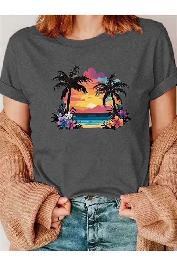 Women's Palm Tree Printed Oversize T-Shirt Loose Fit