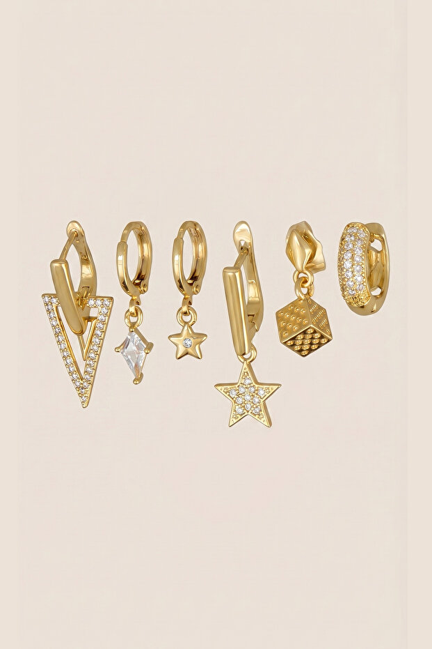 Gold Color Zircon Stone Triangle Star and Dice Dangle Earrings Set of 6