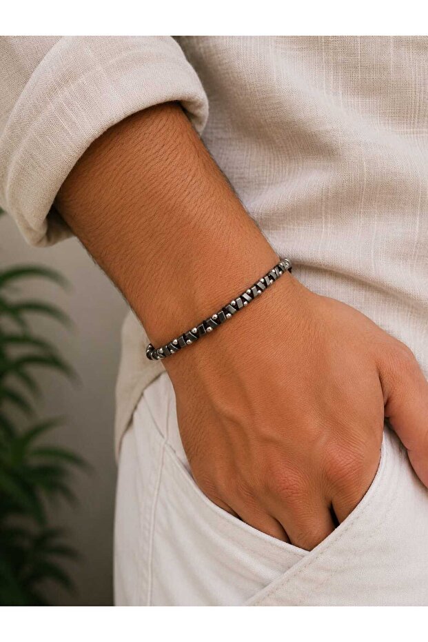 Hematite Stone Adjustable Men's Bracelet – Modern Black Silver Design