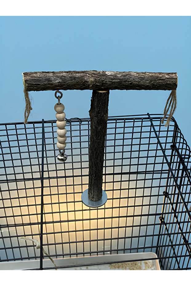 Natural Tree Branch T-Perch – 16X15 cm Cage-Top Fixable Bird Toy - with Bell
