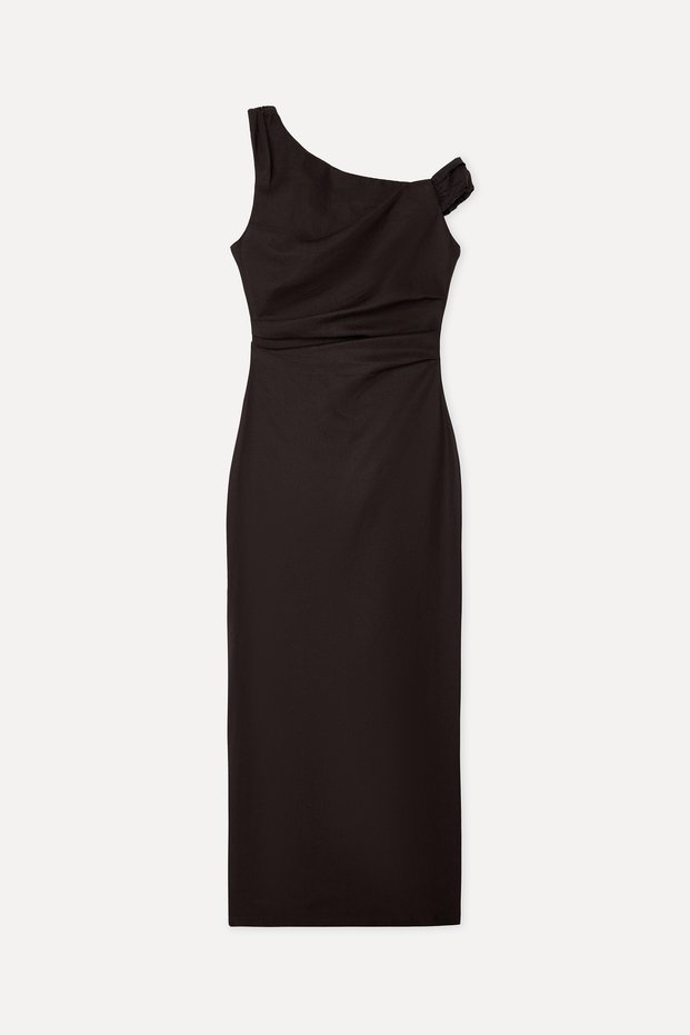 Women's Brown Shoulder Detailed Midi Linen Dress