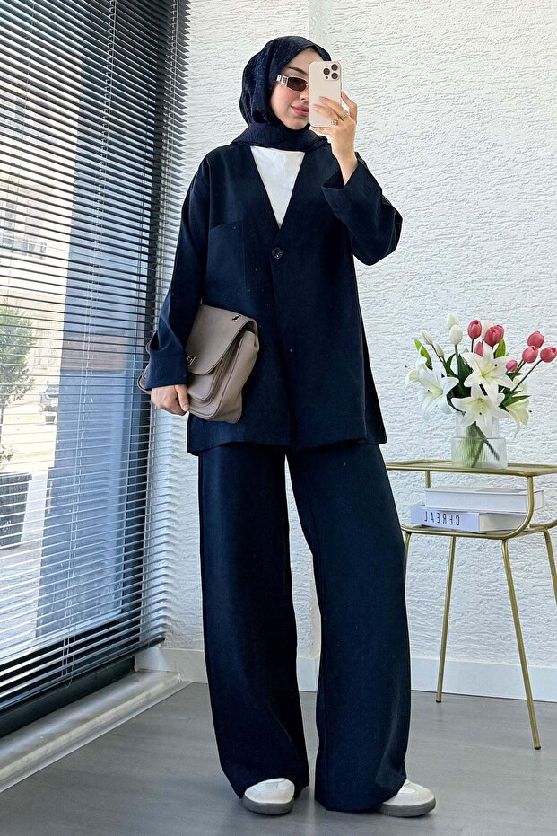 Premium Single Button Modal Trousers Suit - Navy Blue