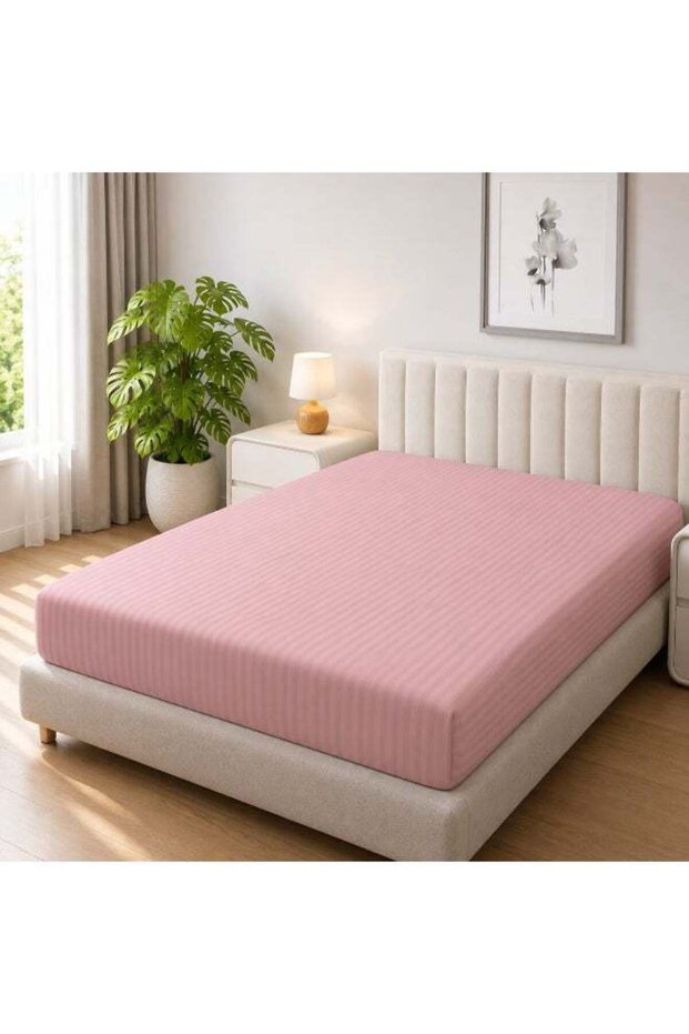 1-Piece Microfiber Fitted Sheet Striped, Color: Baby Pink, Size: Queen (150×200 cm), Design Soft Fabric Deep Pocket Elastic Edge Bed Linen